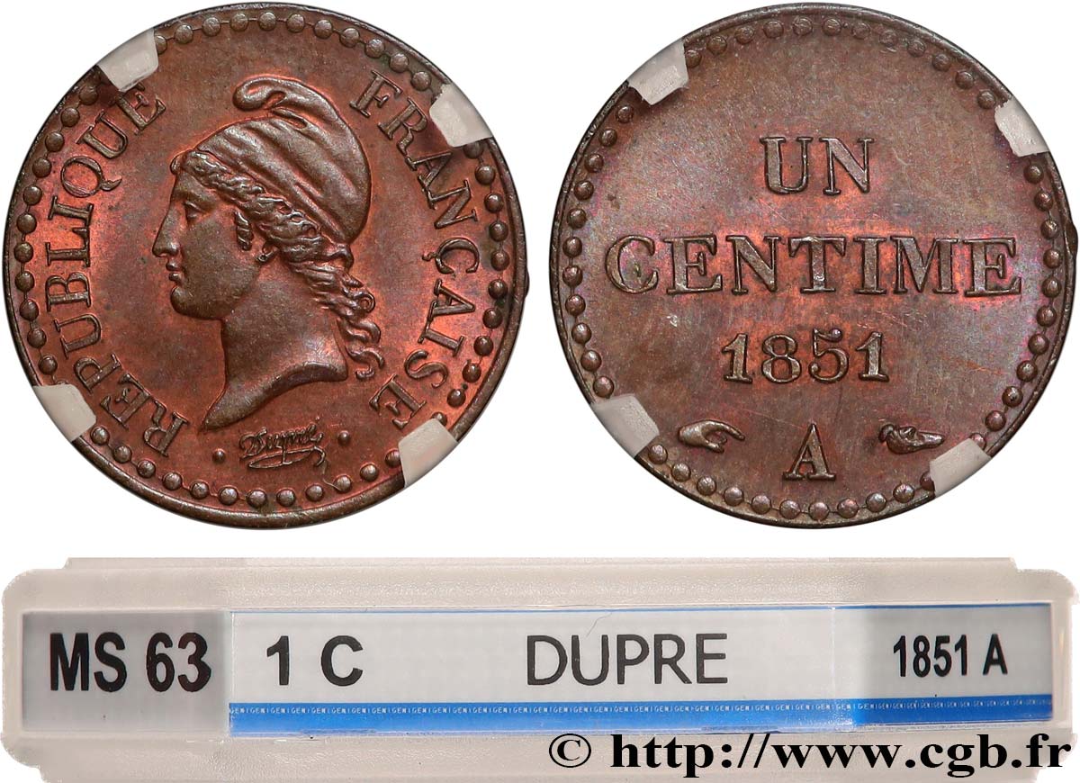 Un centime Dupré, IIe République 1851 Paris F.101/8 SPL63 GENI