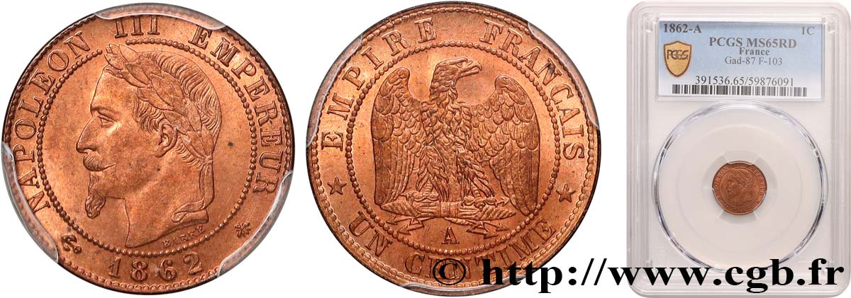 Un centime Napoléon III, tête laurée 1862 Paris F.103/4 FDC65 PCGS