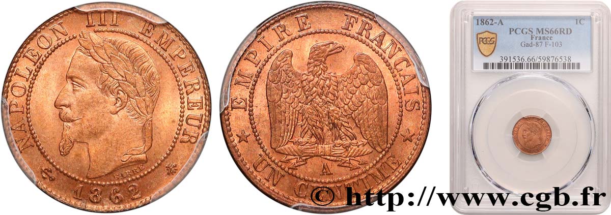 Un centime Napoléon III, tête laurée 1862 Paris F.103/4 FDC66 PCGS