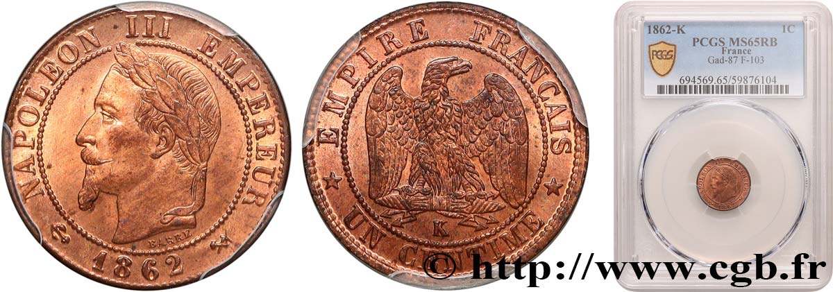 Un centime Napoléon III, tête laurée 1862 Bordeaux F.103/7 ST65 PCGS