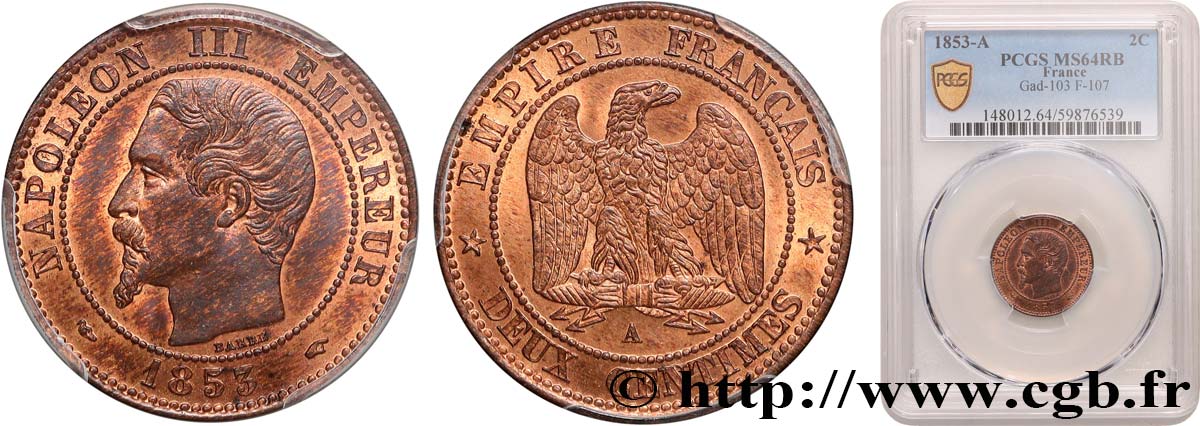 Deux centimes Napoléon III, tête nue 1853 Paris F.107/1 SPL64 PCGS