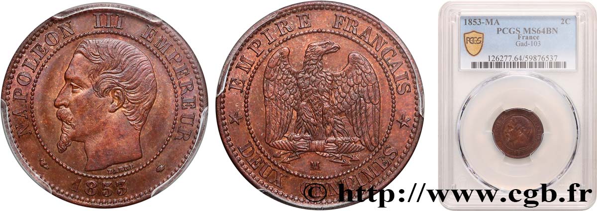 Deux centimes Napoléon III, tête nue 1853 Marseille F.107/7 SPL64 PCGS