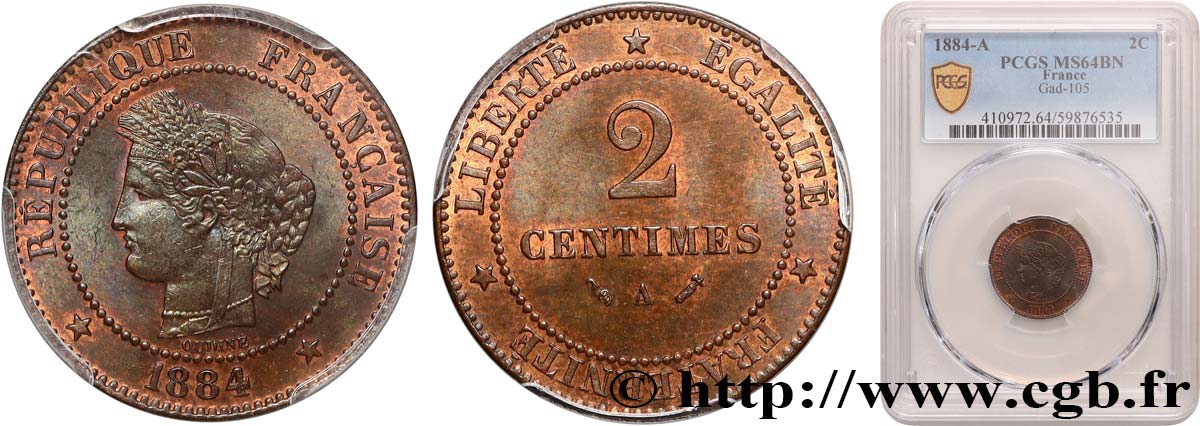 2 centimes Cérès 1884 Paris F.109/9 SPL64 PCGS