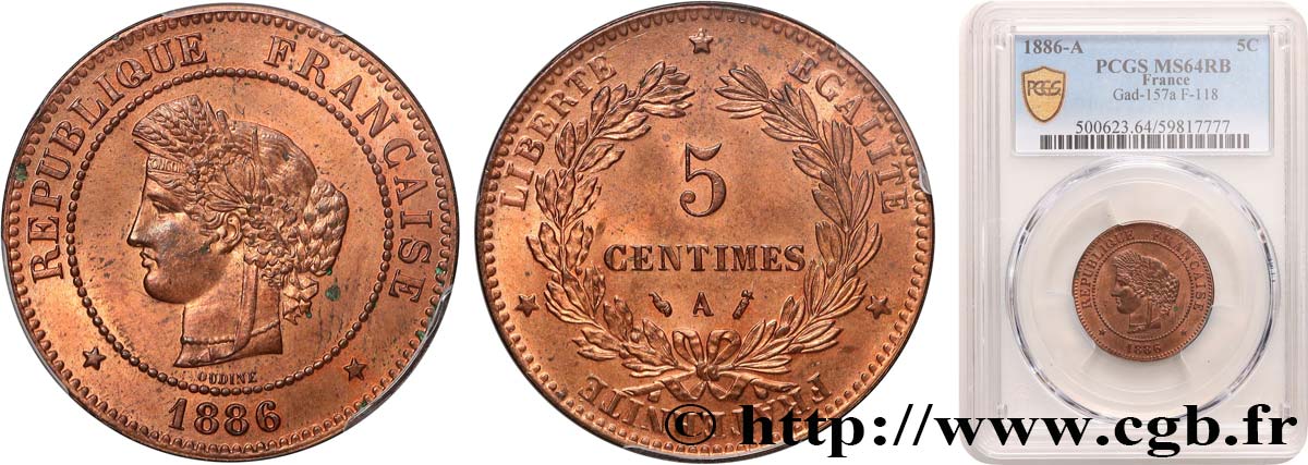 5 centimes Cérès 1886 Paris F.118/28 SPL64 PCGS