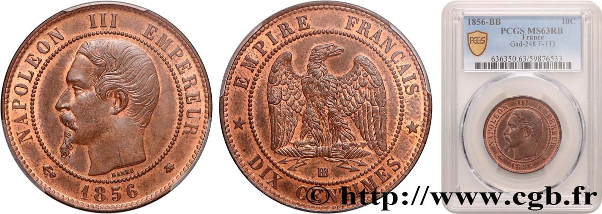 Dix centimes Napoléon III, tête nue 1856 Strasbourg F.133/36 SPL63 PCGS