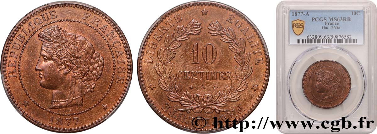 10 centimes Cérès 1877 Paris F.135/18 SPL63 PCGS