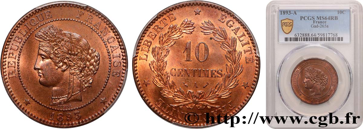 10 centimes Cérès 1893 Paris F.135/38 SPL64 PCGS