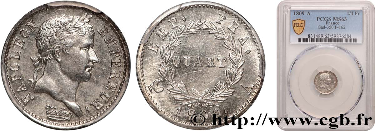 Quart (de franc) Napoléon Ier tête laurée, Empire français 1809 Paris F.162/1 SPL63 PCGS