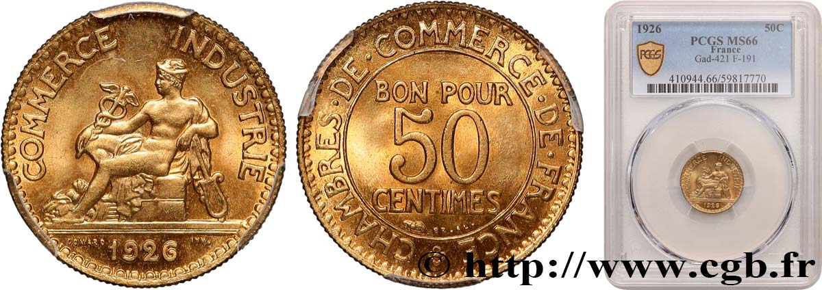 50 centimes Chambres de Commerce 1926 Paris F.191/8 FDC66 PCGS
