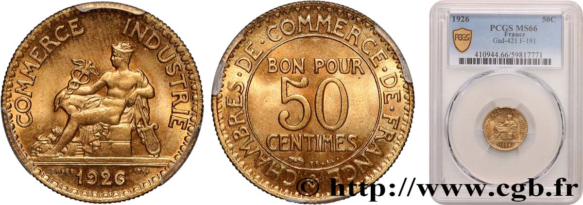 50 centimes Chambres de Commerce 1926 Paris F.191/8 FDC66 PCGS