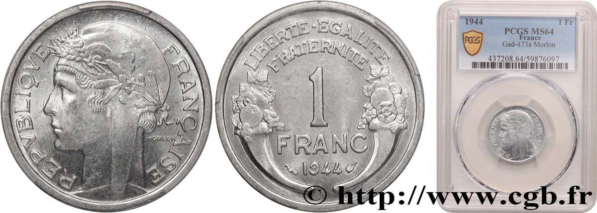 1 franc Morlon, légère 1944 Paris F.221/3 SPL64 PCGS
