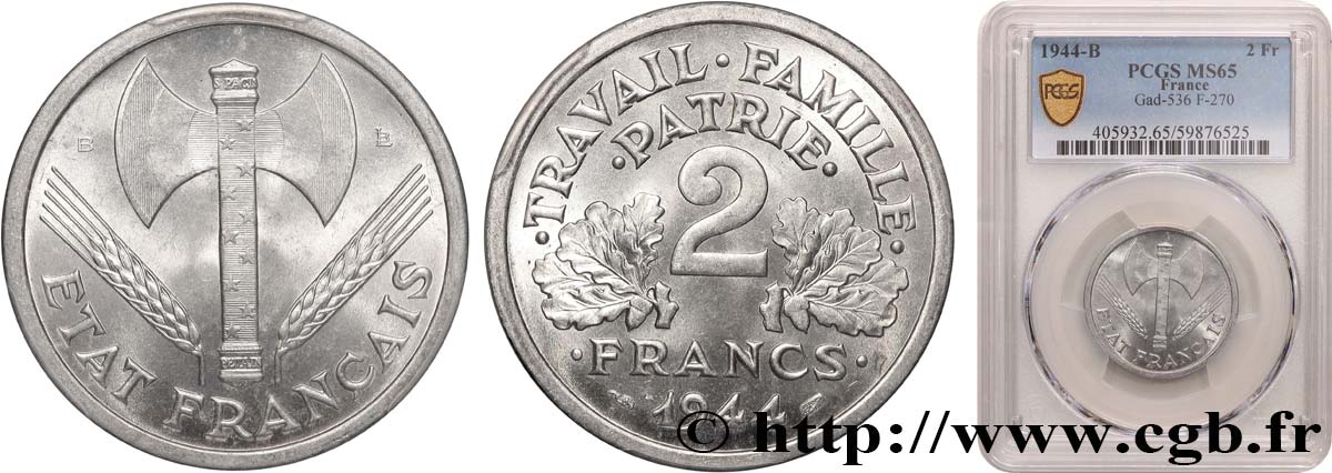 2 francs Francisque 1944 Beaumont-Le-Roger F.270/5 FDC65 PCGS