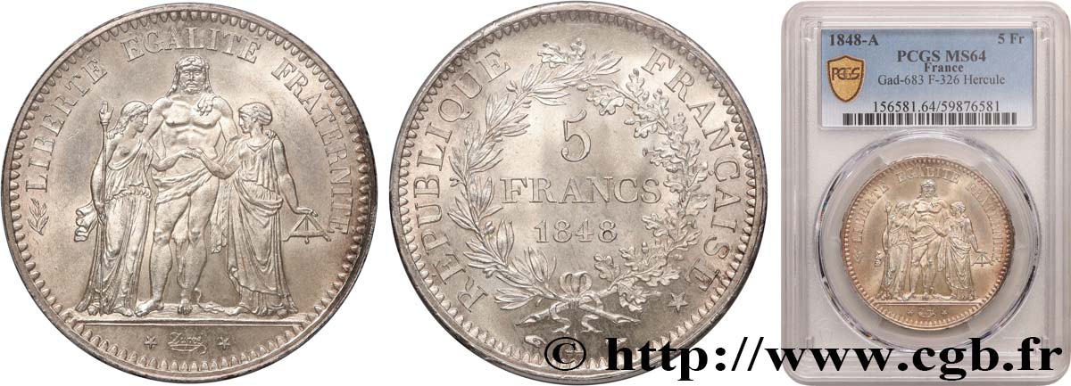 5 francs Hercule, IIe République 1848 Paris F.326/1 SPL64 PCGS