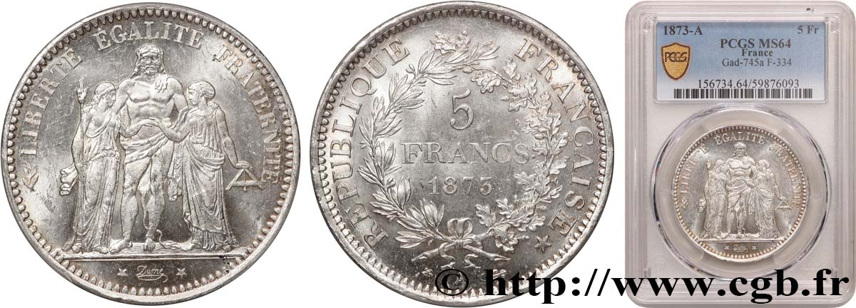 5 francs Hercule 1873 Paris F.334/9 SPL64 PCGS