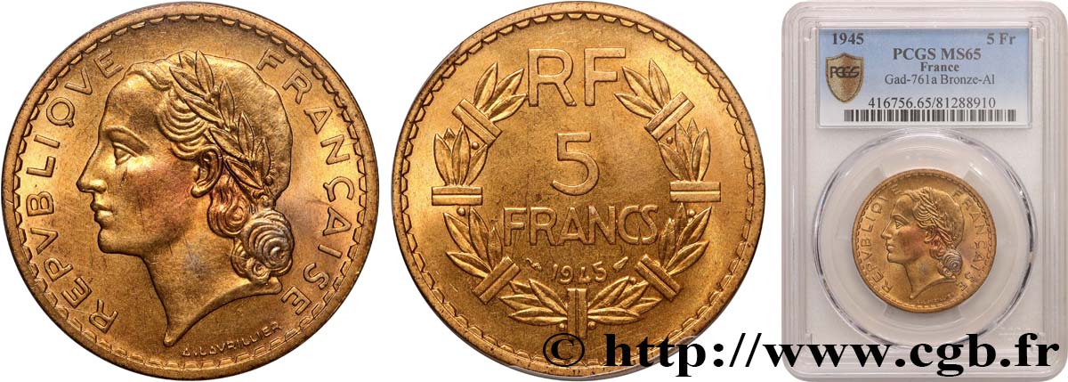 5 francs Lavrillier, bronze-aluminium 1945  F.337/5 FDC65 PCGS