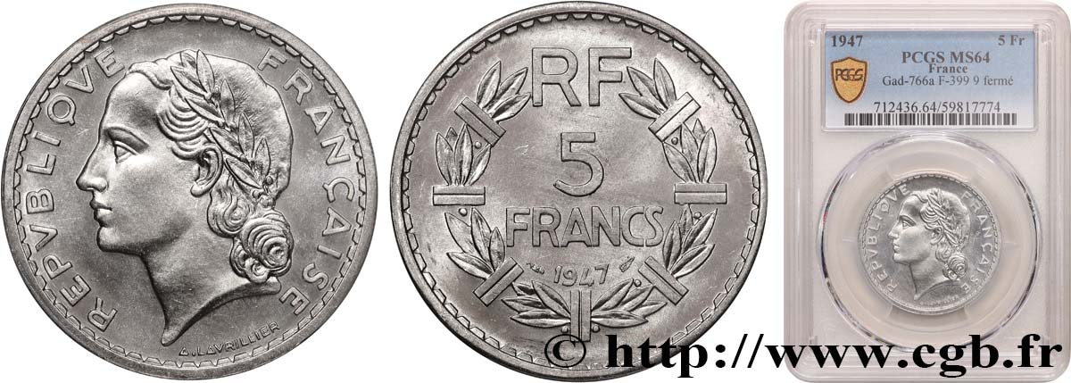 5 francs Lavrillier, aluminium 1947  F.339/10 SC64 PCGS