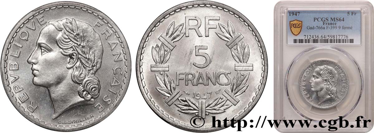 5 francs Lavrillier, aluminium 1947  F.339/10 MS64 PCGS