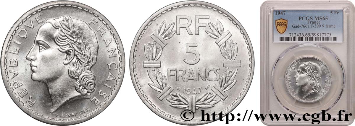 5 francs Lavrillier, aluminium 1947  F.339/10 FDC65 PCGS