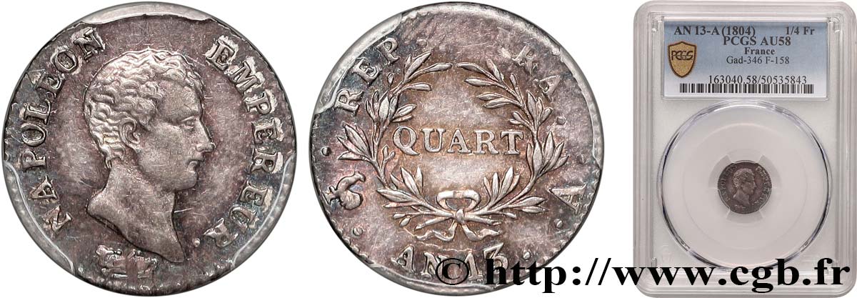 Quart (de franc) Napoléon Empereur, Calendrier révolutionnaire 1805 Paris F.158/8 SPL58 PCGS
