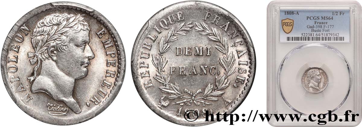 Demi-franc Napoléon Ier tête laurée, République française 1808 Paris F.177/2 SPL64 PCGS