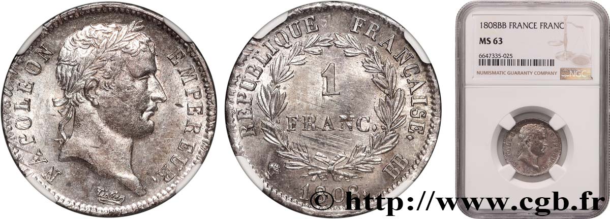 1 franc Napoléon Ier tête laurée, République française 1808 Strasbourg F.204/4 SPL63 NGC