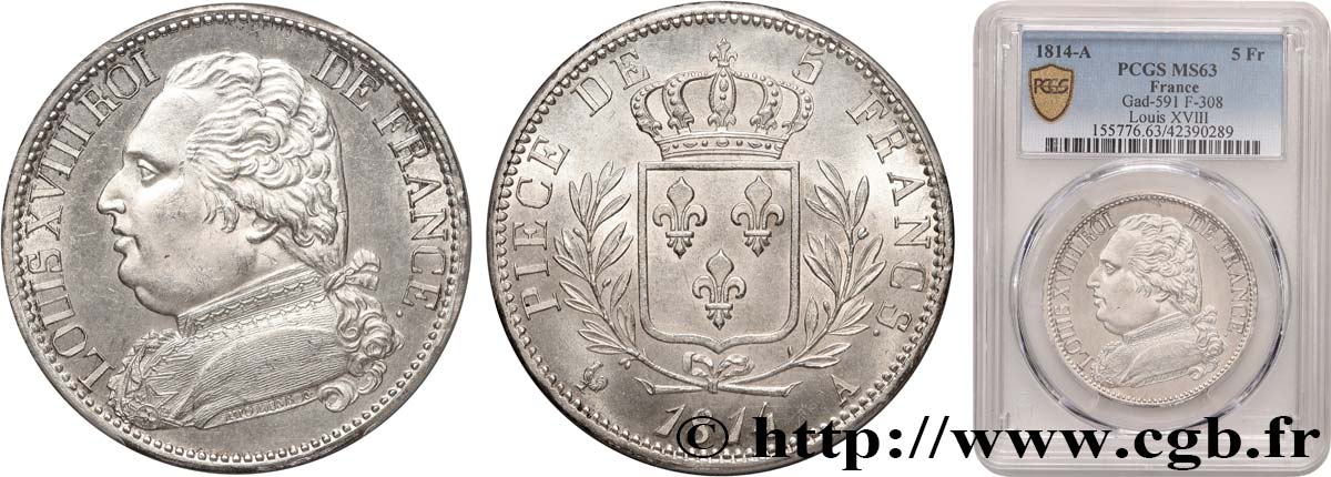 5 francs Louis XVIII, buste habillé 1814 Paris F.308/1 SPL63 PCGS