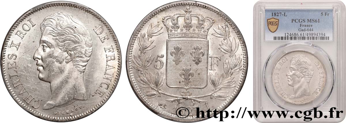 5 francs Charles X, 2e type 1827 Bayonne F.311/8 SUP61 PCGS