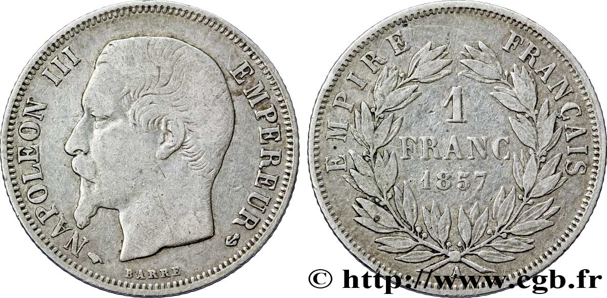 1 franc Napoléon III, tête nue 1857 Paris F.214/10 VF30 