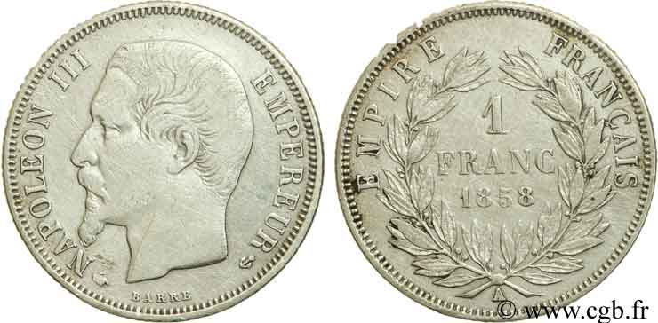 1 franc Napoléon III, tête nue 1858 Paris F.214/11 BC25 