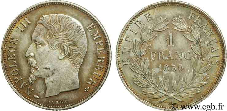 1 franc Napoléon III, tête nue 1859 Paris F.214/12 SUP58 