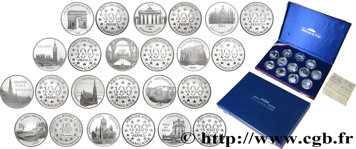 COFFRET des 12 Monnaies Belle Épreuve 1,5 euro/10 francs, 15 écus/100 francs et 15 euro / 100 francs - MONUMENTS ET SITES D’EUROPE n.d. Paris F5.2005 1 FDC 