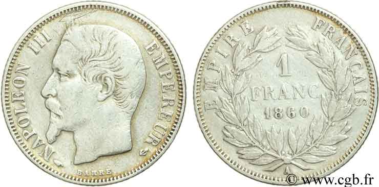 1 franc Napoléon III, tête nue, différent main 1860 Paris F.214/14 BC35 
