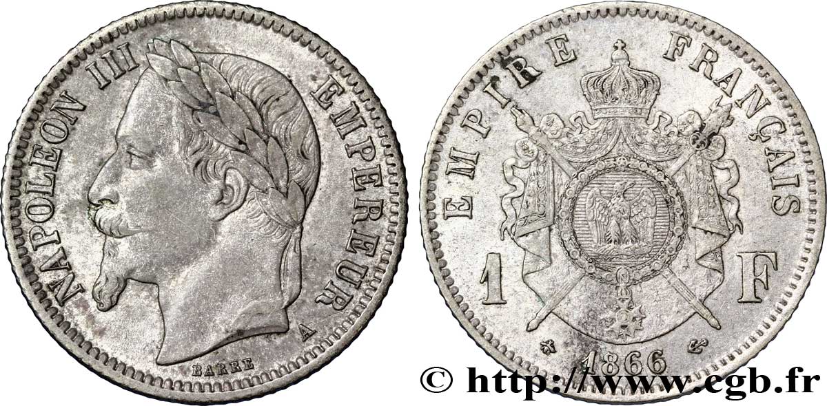 1 franc Napoléon III, tête laurée 1866 Paris F.215/3 BB50 
