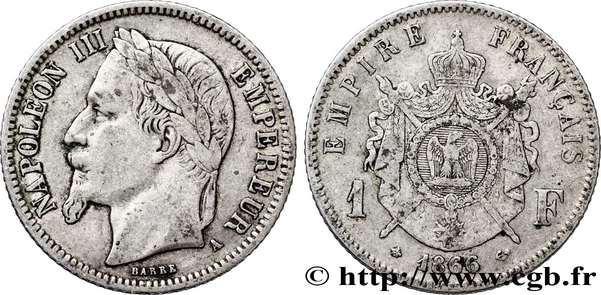 1 franc Napoléon III, tête laurée 1866 Paris F.215/3 TB35 