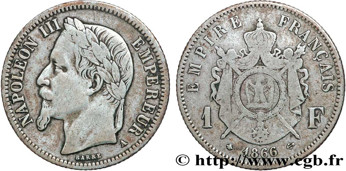 1 franc Napoléon III, tête laurée 1866 Paris F.215/3 VF30 