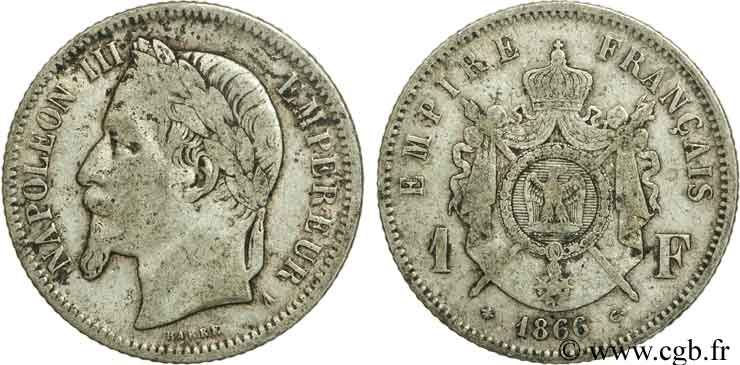 1 franc Napoléon III, tête laurée 1866 Paris F.215/3 TB20 