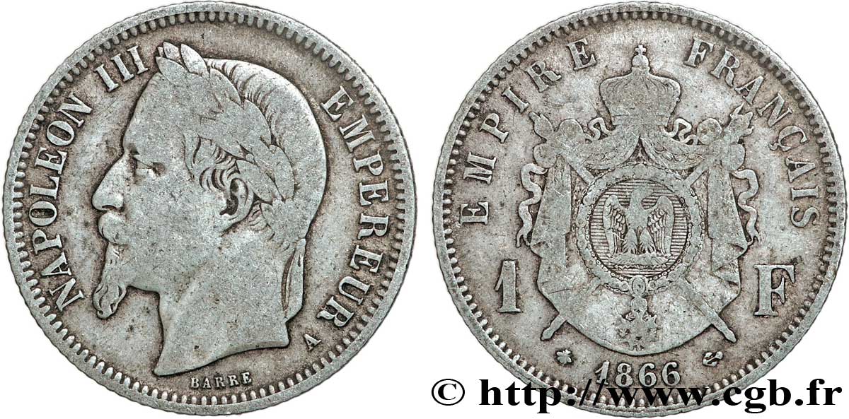 1 franc Napoléon III, tête laurée 1866 Paris F.215/3 MB15 
