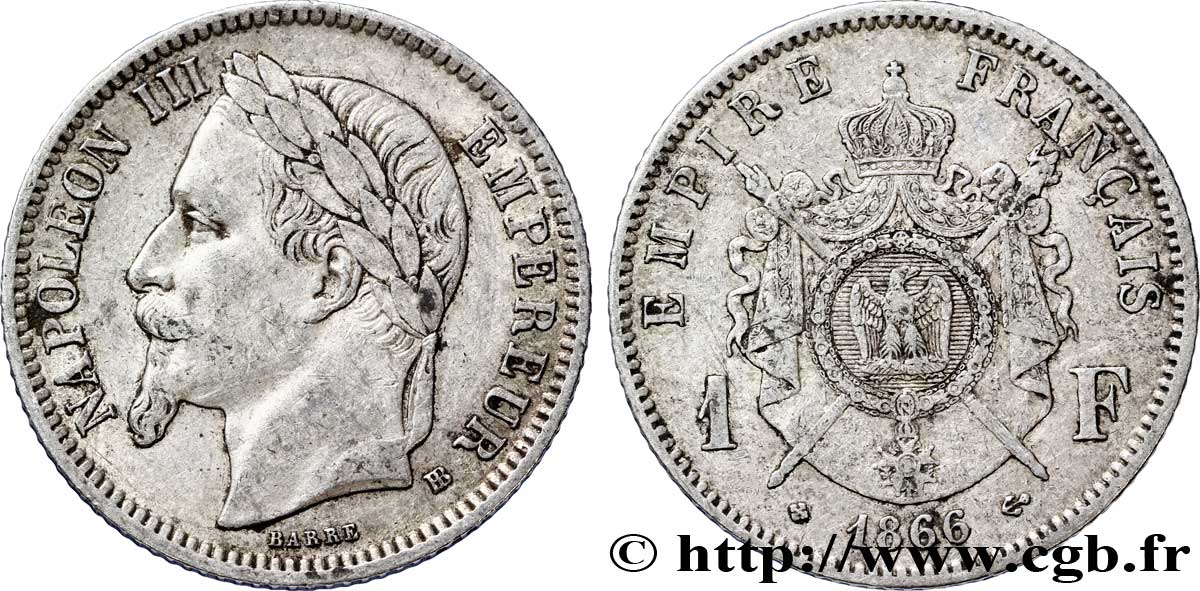 1 franc Napoléon III, tête laurée 1866 Strasbourg F.215/4 MBC45 