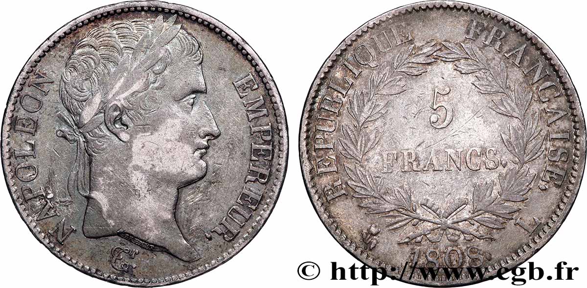 5 francs Napoléon Empereur, République française 1808 Bayonne F.306/9 XF 