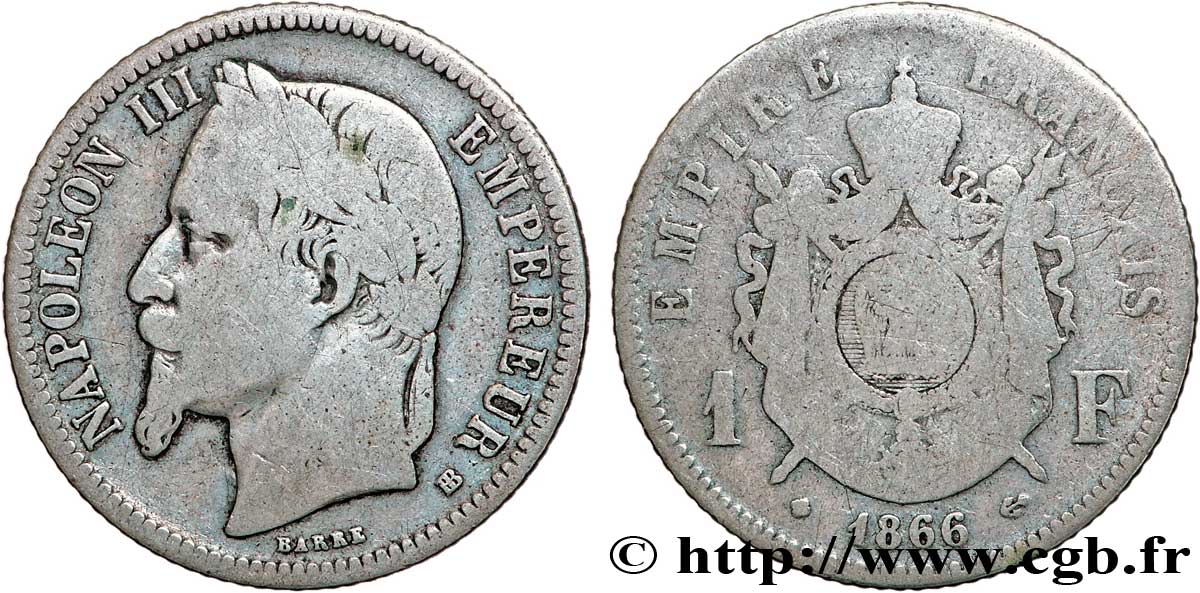 1 franc Napoléon III, tête laurée 1866 Strasbourg F.215/4 F15 