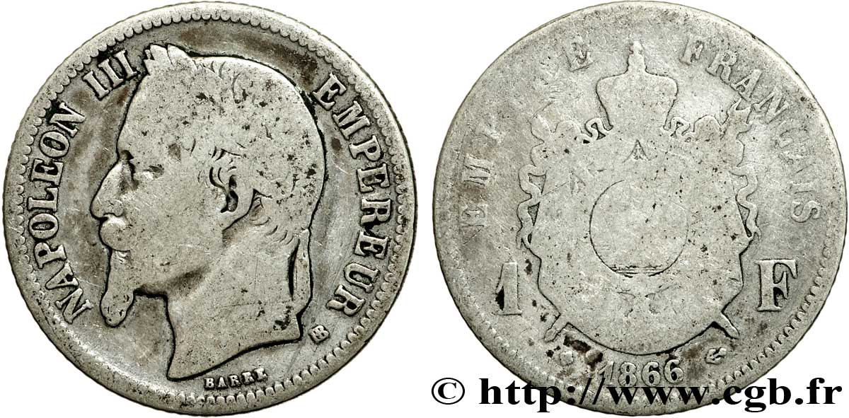 1 franc Napoléon III, tête laurée 1866 Strasbourg F.215/4 SGE6 