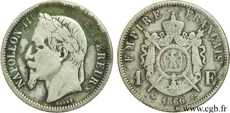 1 franc Napoléon III, tête laurée 1866 Bordeaux F.215/5 MB25 