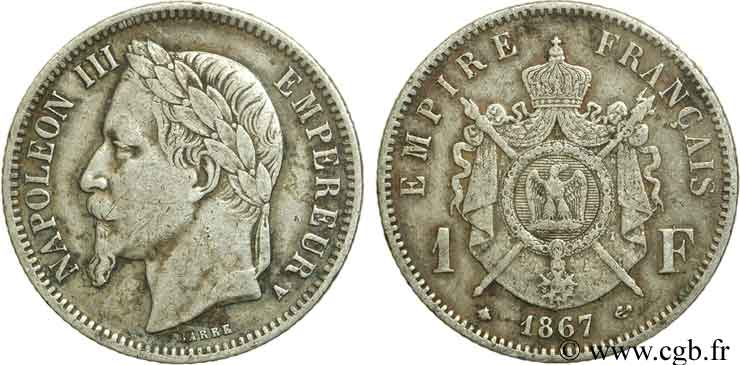 1 franc Napoléon III, tête laurée 1867 Paris F.215/6 S35 