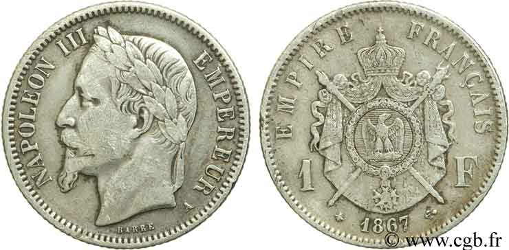1 franc Napoléon III, tête laurée 1867 Paris F.215/6 TB30 
