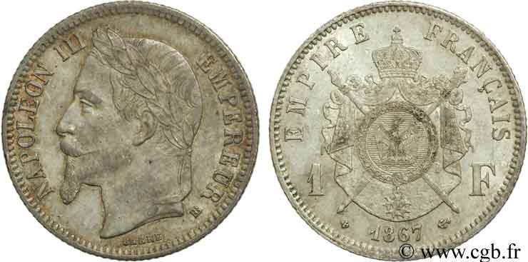1 franc Napoléon III, tête laurée 1867 Strasbourg F.215/7 VZ60 