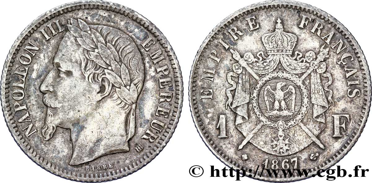 1 franc Napoléon III, tête laurée 1867 Strasbourg F.215/7 TTB48 