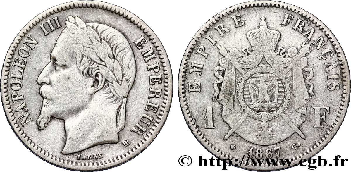 1 franc Napoléon III, tête laurée 1867 Strasbourg F.215/7 TB30 