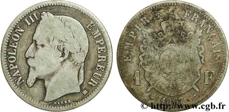 1 franc Napoléon III, tête laurée 1867 Strasbourg F.215/7 MB15 