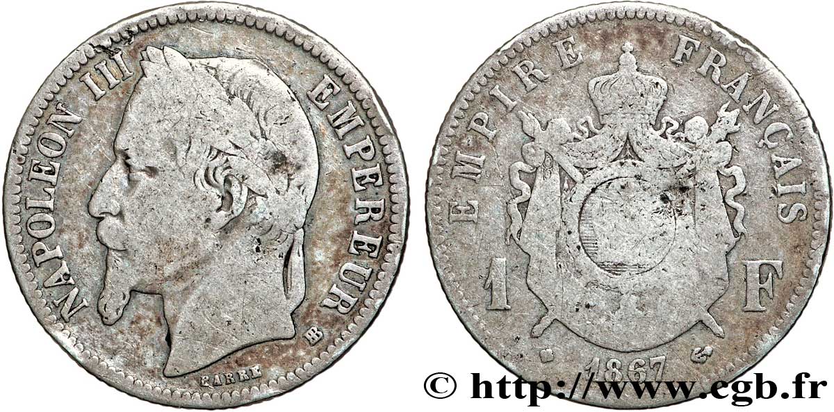 1 franc Napoléon III, tête laurée 1867 Strasbourg F.215/7 B12 
