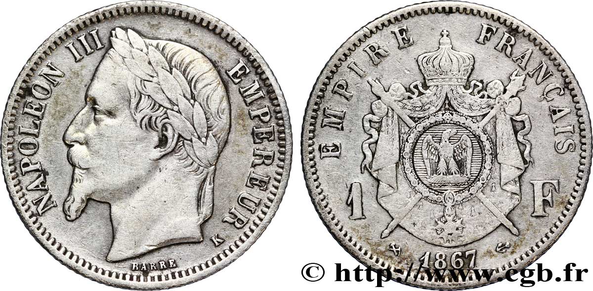 1 franc Napoléon III, tête laurée 1867 Bordeaux F.215/9 TTB40 